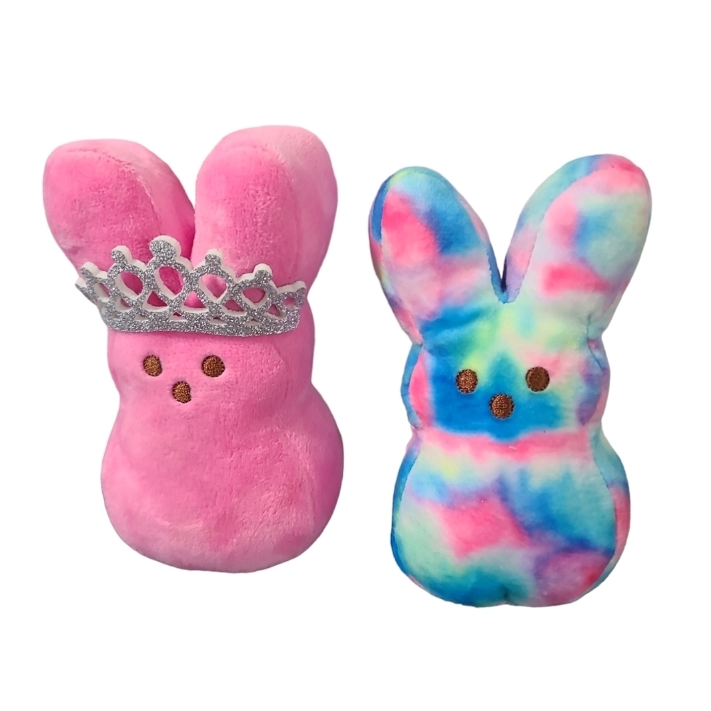 2 Peeps Bunnie 6" Plushes Stuffed Animal Pink And Tie Dye